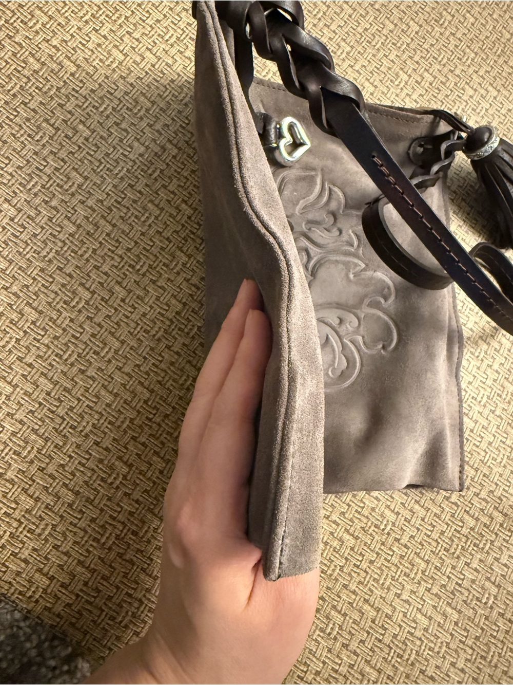 Brighton Piper Suede Medallion Shoulder Bag Taupe Gray - Picture 12 of 16